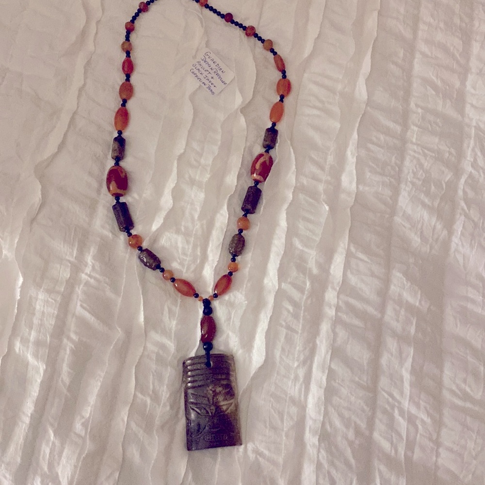 Guardian demon repeller amulet and black Jade in carnelian beads